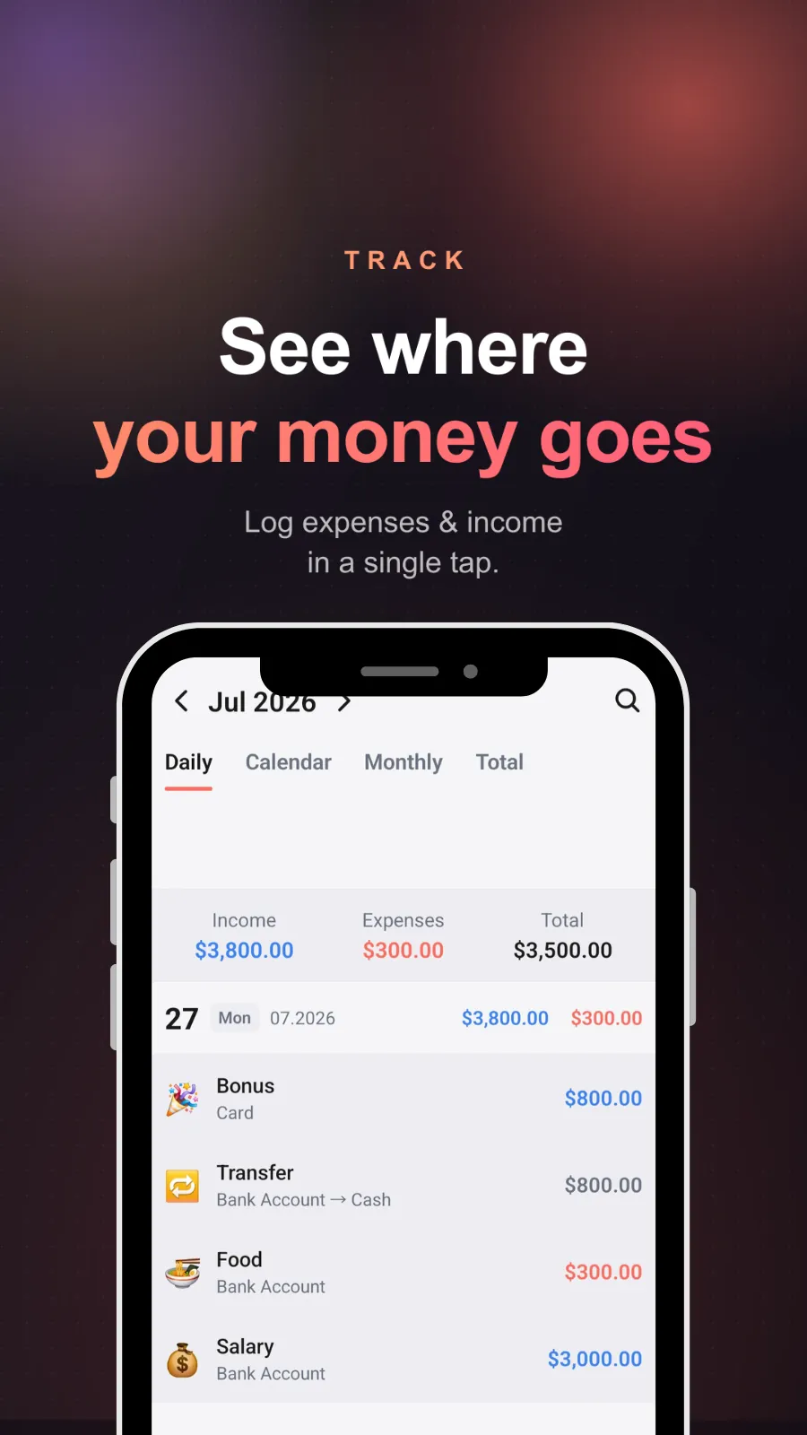 Daily view listing income and expenses by category and account, with monthly totals across the top