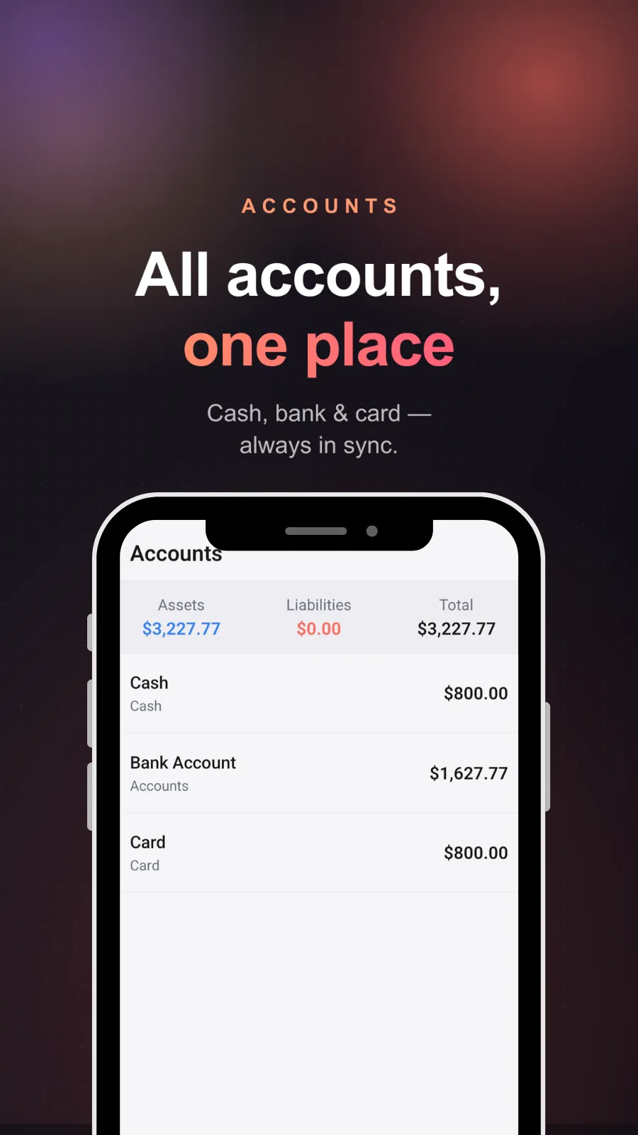 Accounts screen totalling assets and liabilities across cash, bank account and card