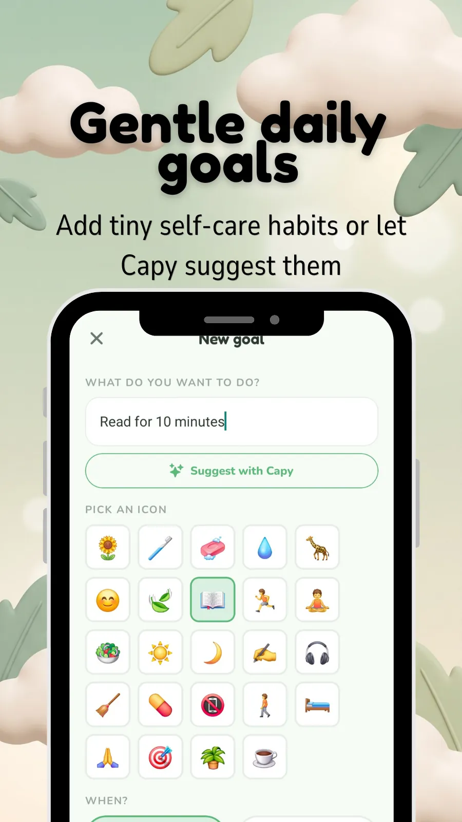 Creating a new daily goal with an emoji picker and a suggestion button