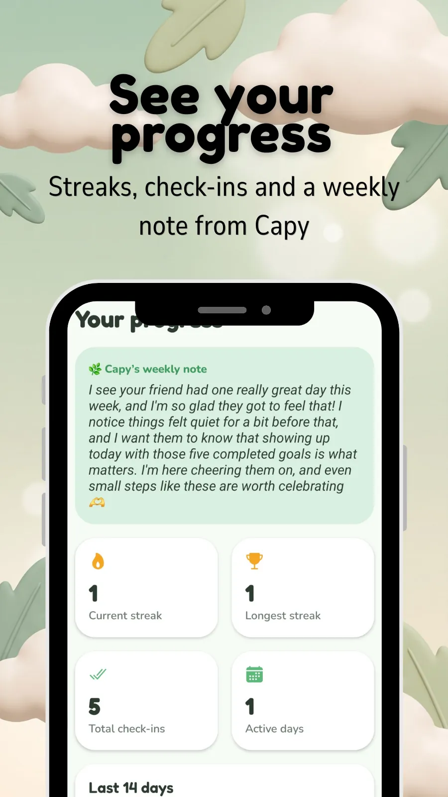 Progress screen showing Capy's weekly note alongside current streak, longest streak, total check-ins and active days