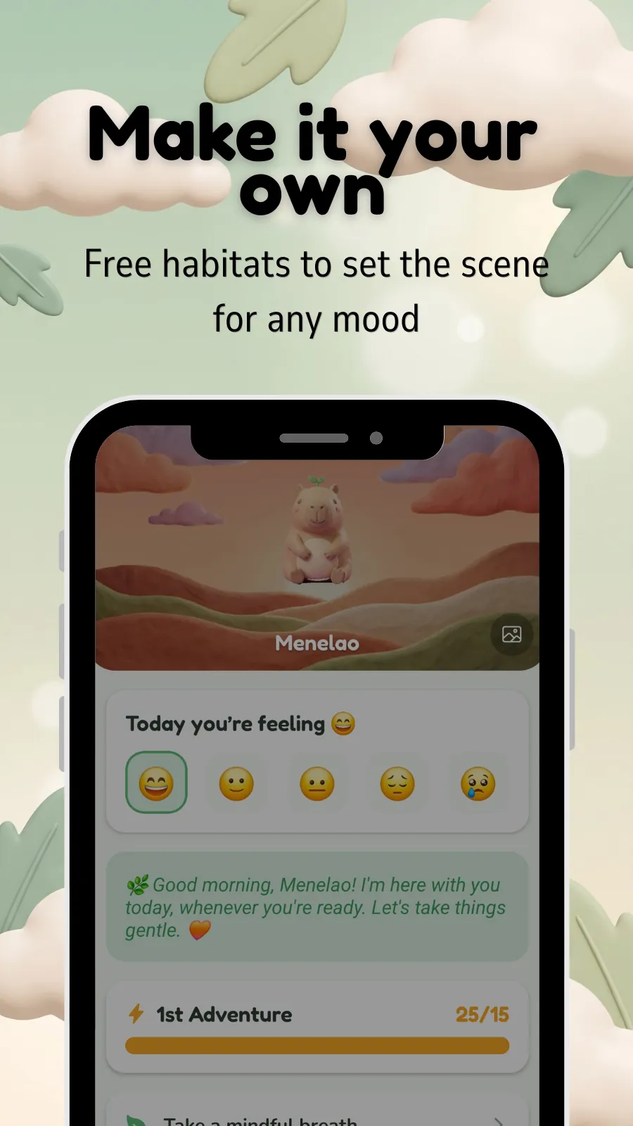 The same home screen in the sunset habitat, showing how the scene can be changed