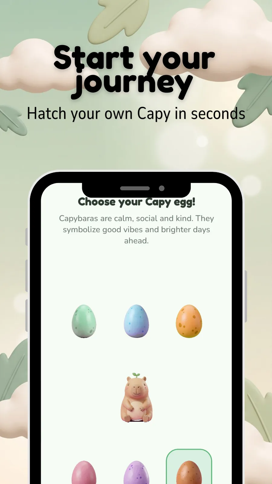 Choosing a Capy egg during onboarding, with a note that capybaras are calm, social and kind