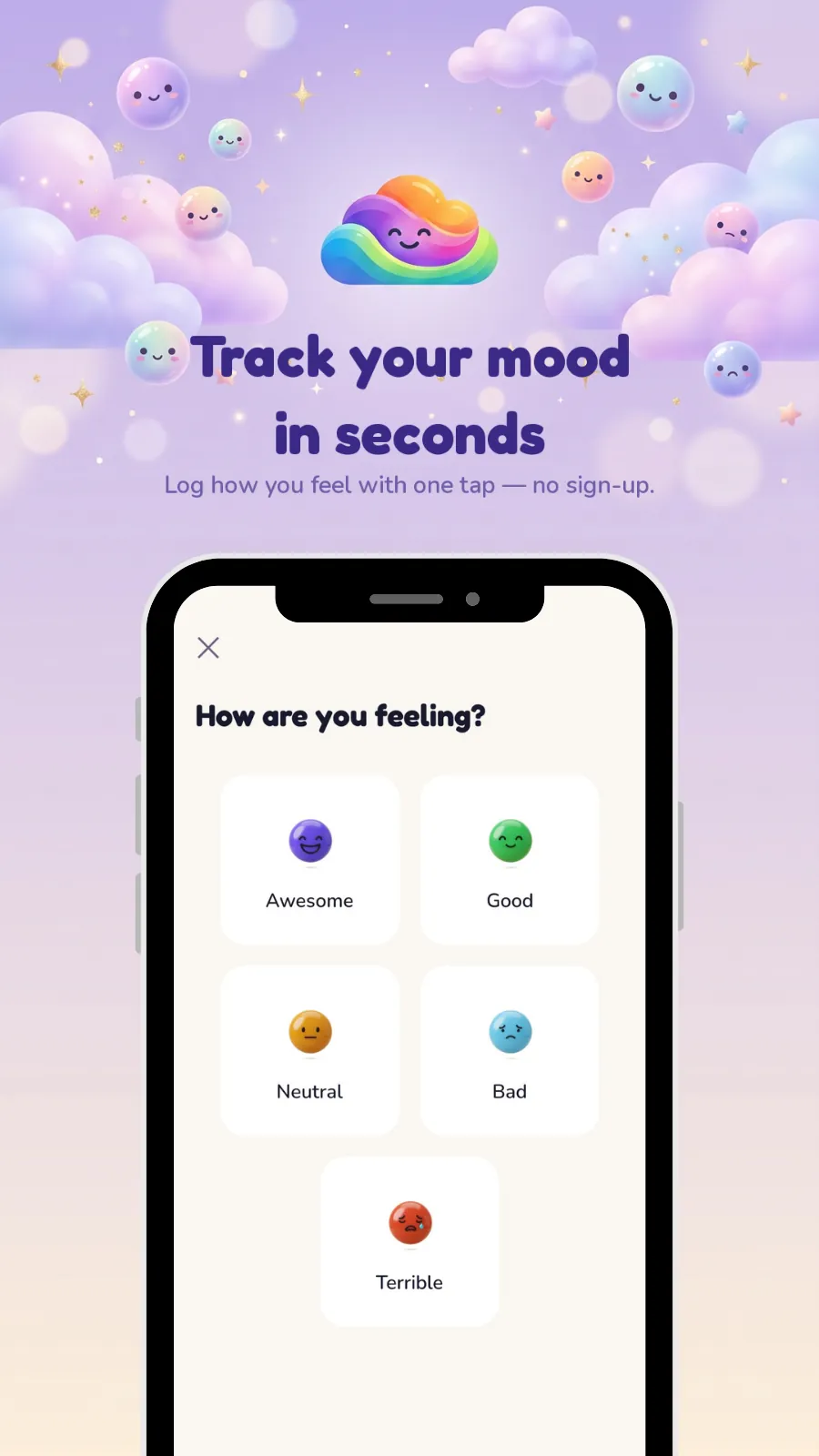 Logging a mood by picking Awesome, Good, Neutral, Bad or Terrible