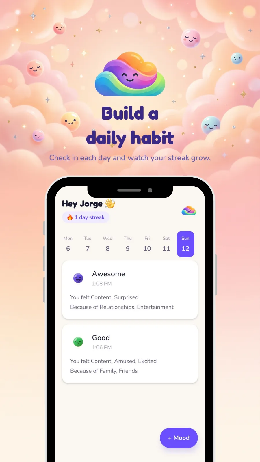 Home screen with the current streak, the week strip and the day's logged entries